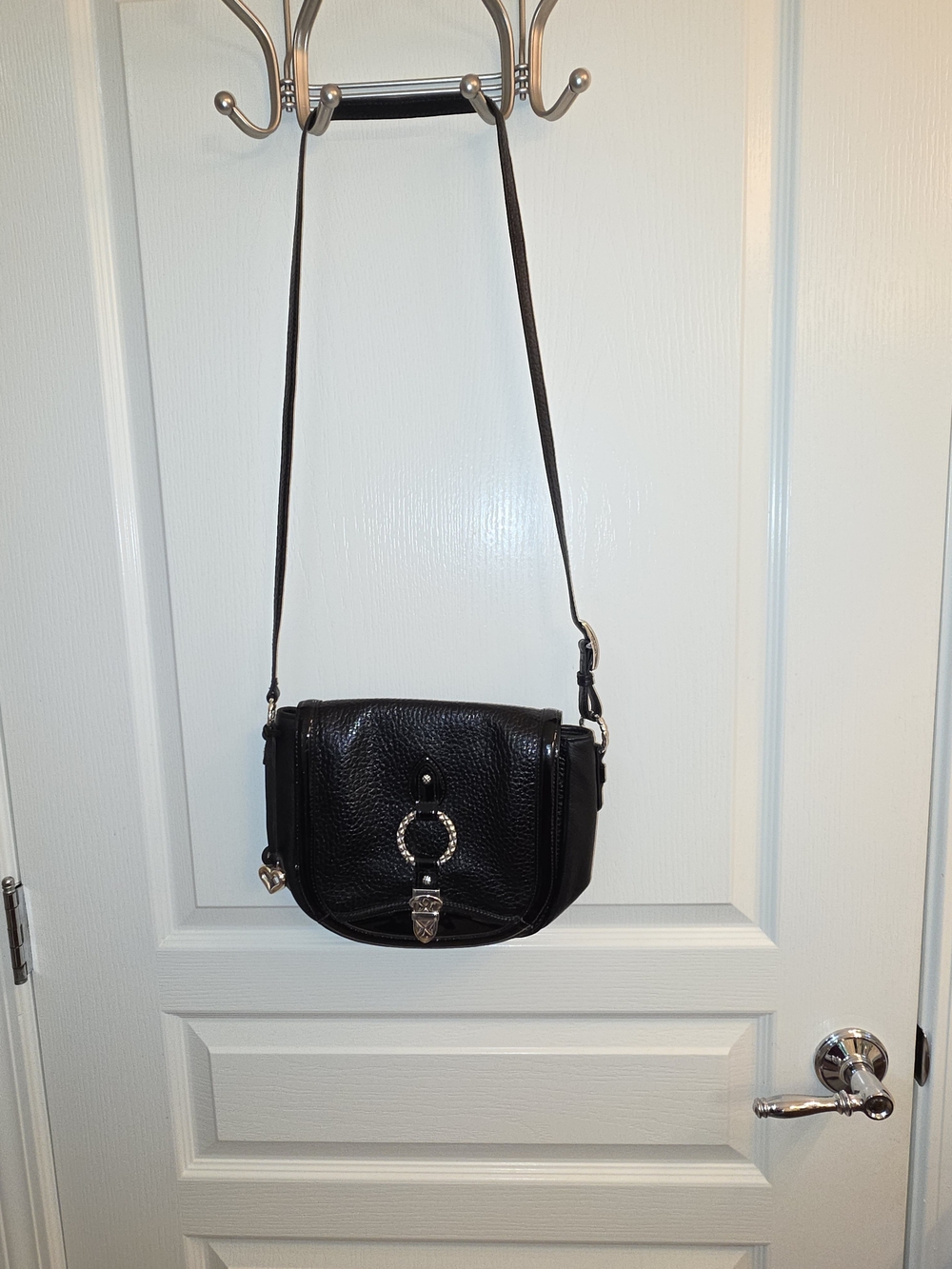 Brighton Black Pebbled Leather Crossbody with Silver Ring Accent